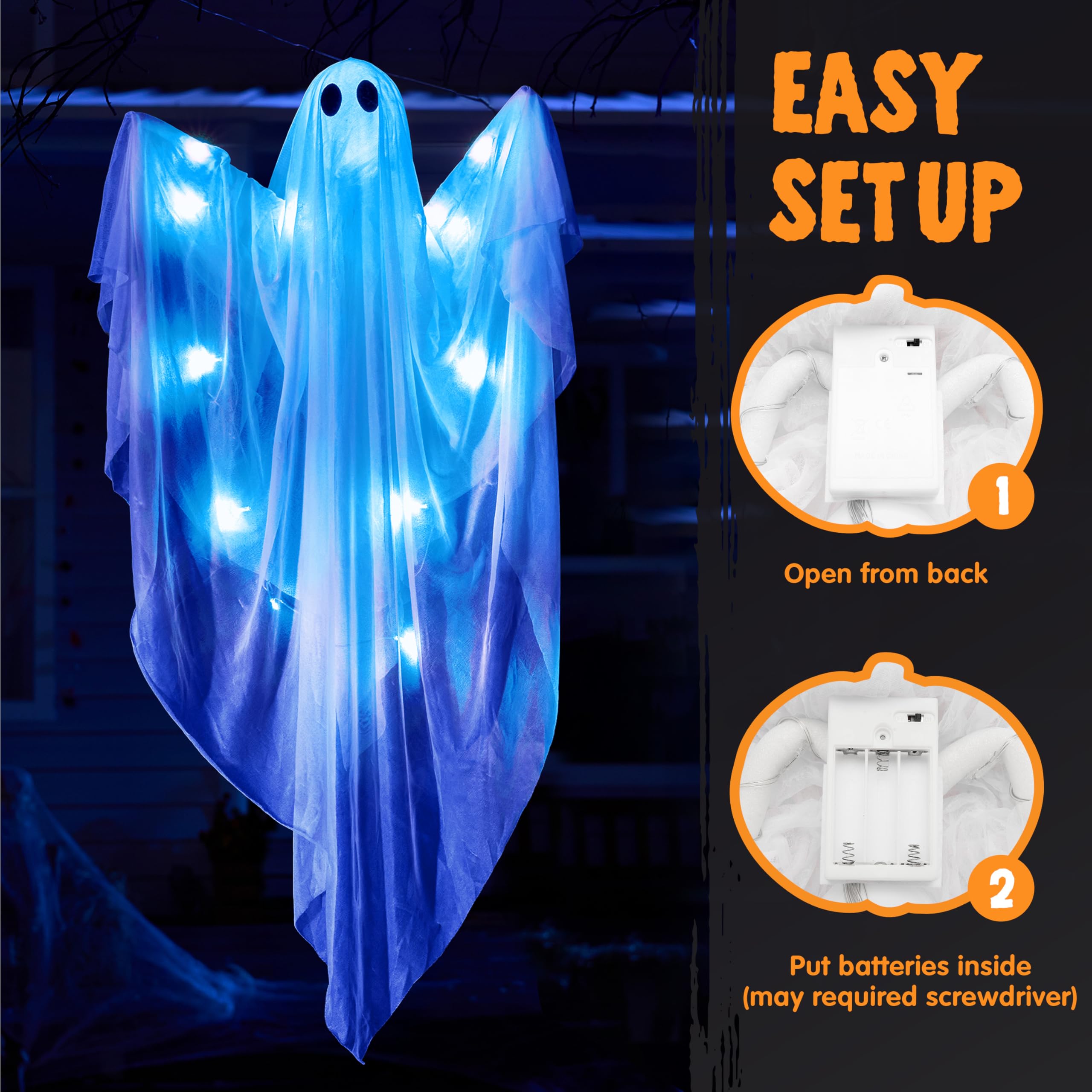 JOYIN Halloween Hanging Light up Ghost with Spooky Blue LED Light, 47    White Ghosts Halloween Hanging Decoration for Front Yar
